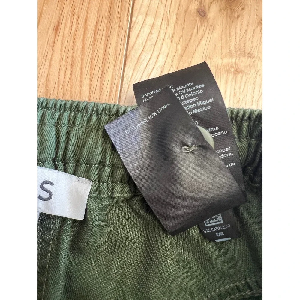 COS Barrel Leg Drawstring Cropped Trouser Pants in Green Cotton Linen Size 2